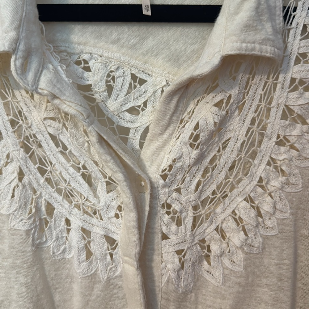 Free People Button Up Oversized Cream Color Shirt with Embroidered Front/Back - Picture 4 of 13